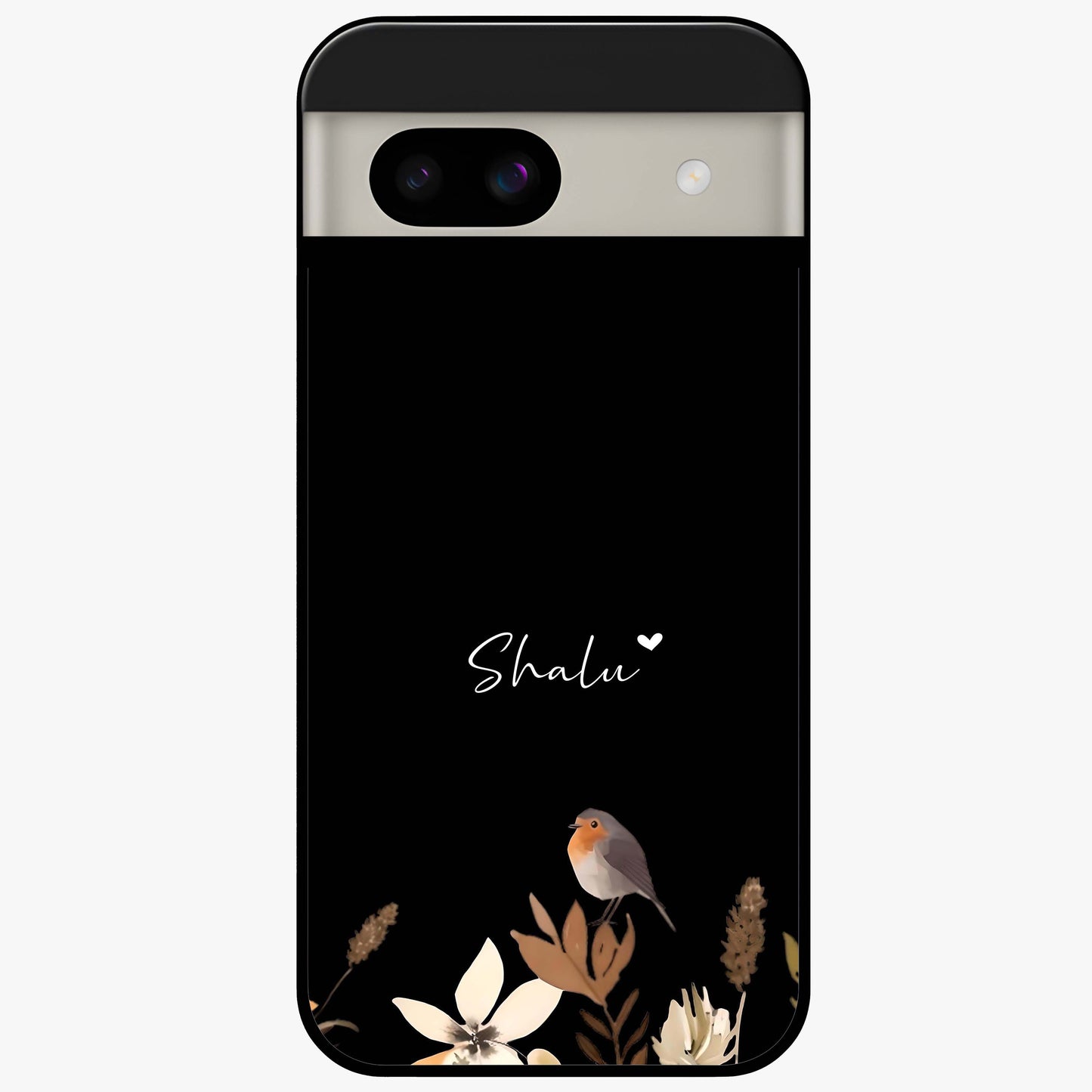 Quiet Garden Tune Custom Name Glass Case showing flat back view with peaceful garden artwork and personalized name design.