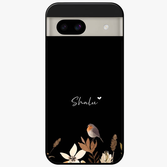 Quiet Garden Tune Custom Name Glass Case showing flat back view with peaceful garden artwork and personalized name design.
