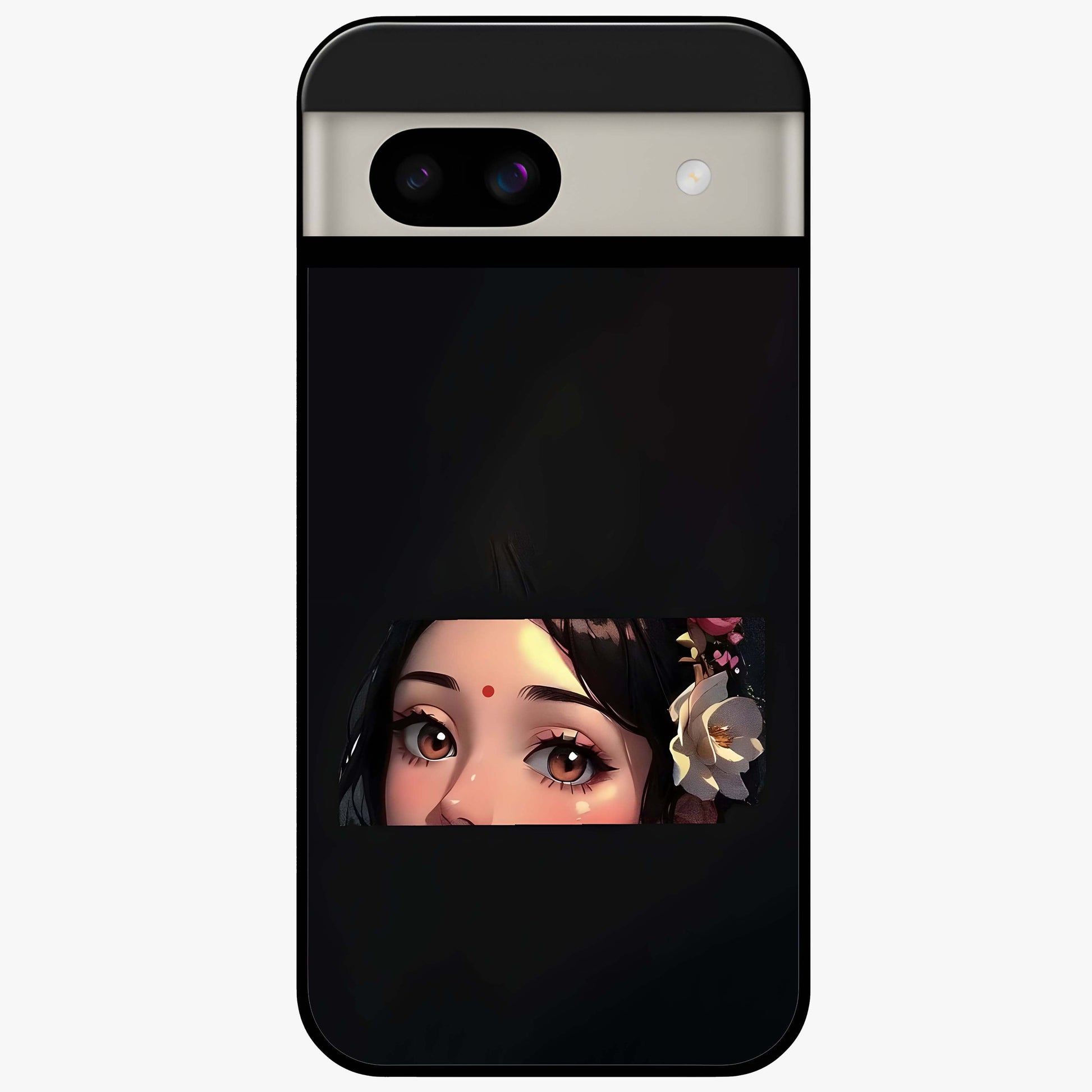 Radha Divine Embrace Glass Case showing flat back view with devotional Radha artwork and glossy glass finish.
