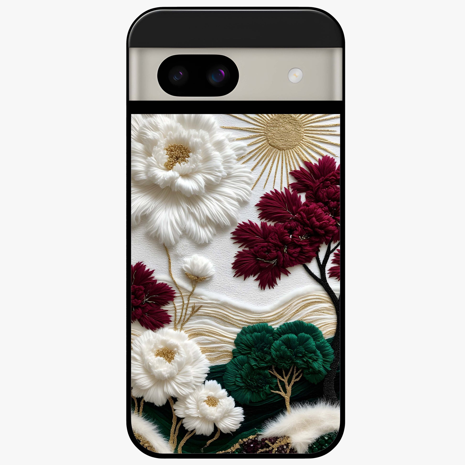 Radiant Bloom Elegance Glass Case showing flat back view with elegant blooming flower artwork and glossy glass finish.