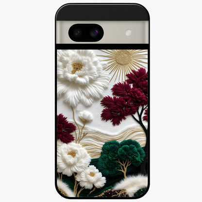 Radiant Bloom Elegance Glass Case showing flat back view with elegant blooming flower artwork and glossy glass finish.