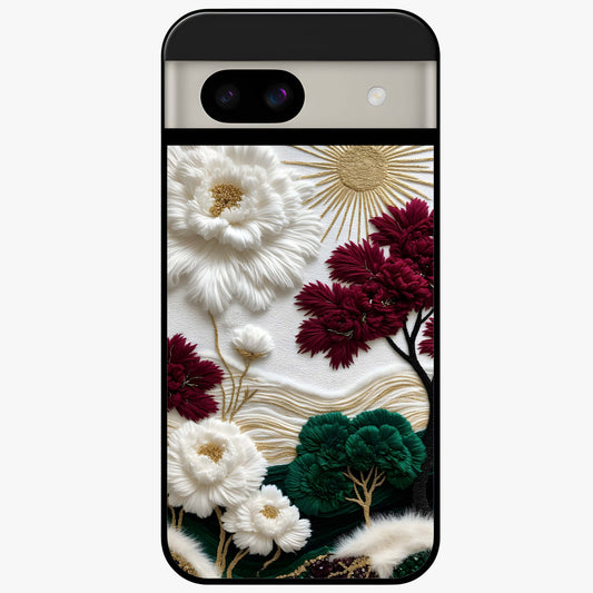 Radiant Bloom Elegance Glass Case showing flat back view with elegant blooming flower artwork and glossy glass finish.