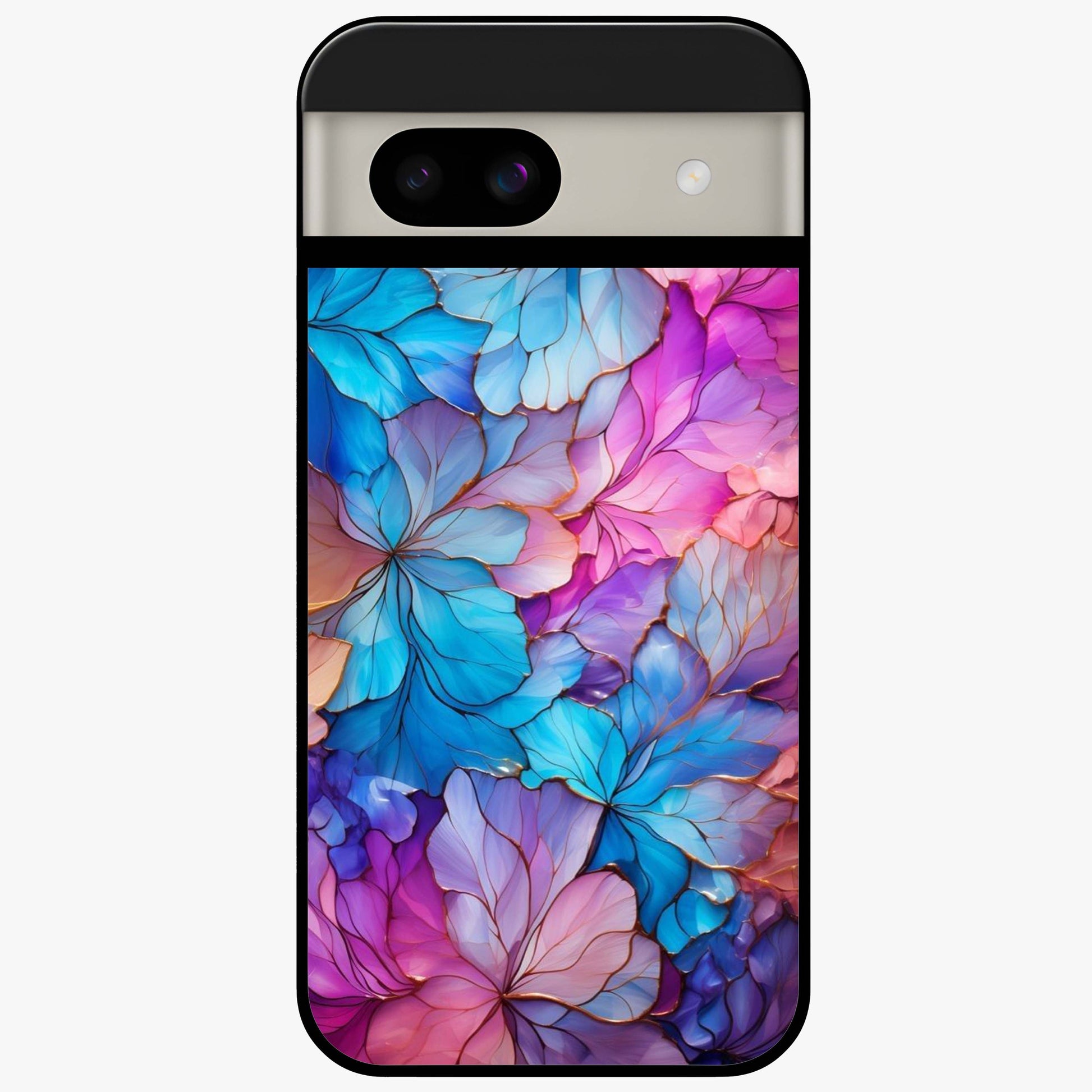 Radiant Floral Whirl Glass Case showing flat back view with swirling floral artwork and glossy glass finish.