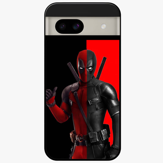 Red & Black Deadpool Theme Glass Case showing flat back view with bold comic inspired artwork and glossy glass finish.