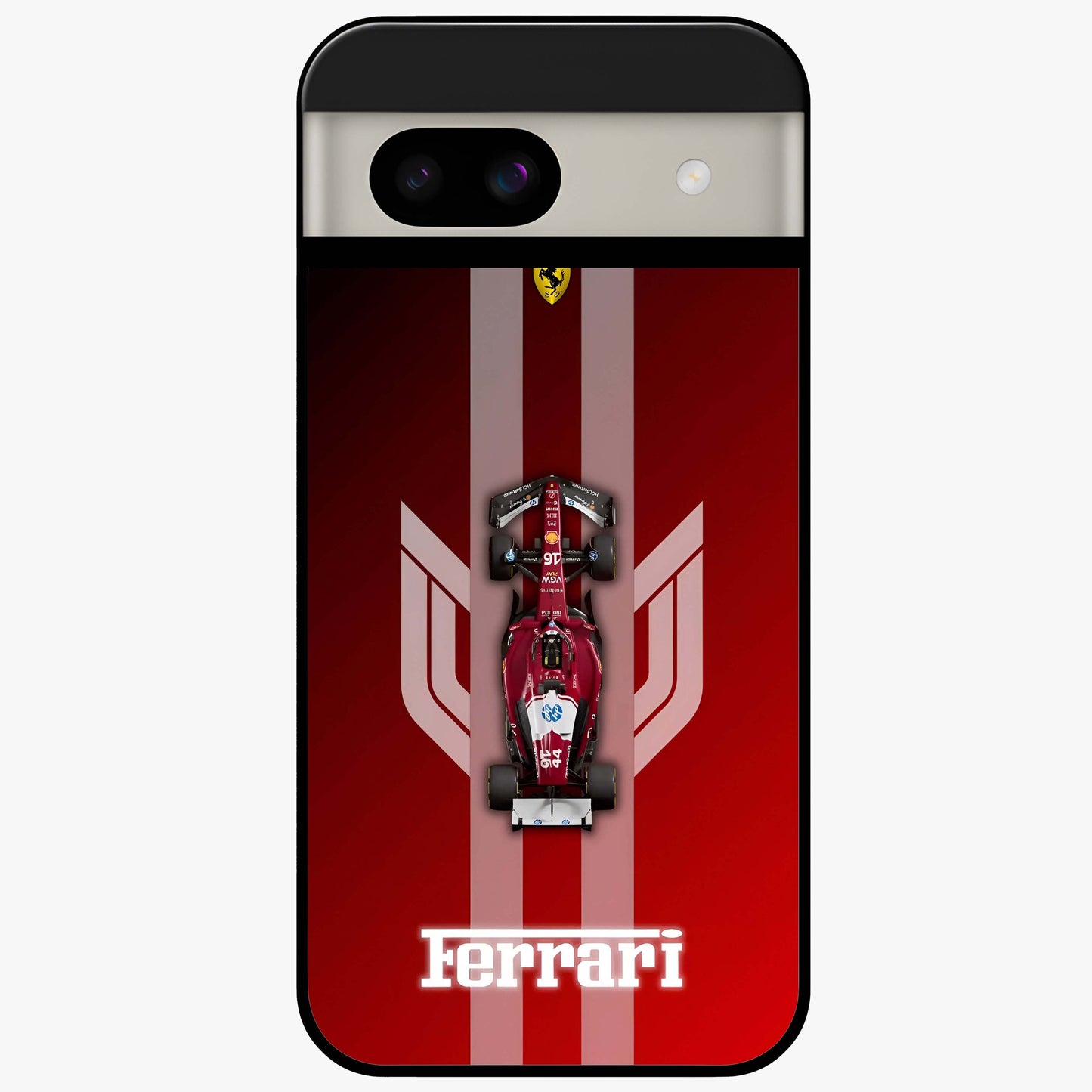 Red Ferrari F1 Vertical Glass Case showing flat back view with sleek Formula racing car artwork and glossy glass finish.