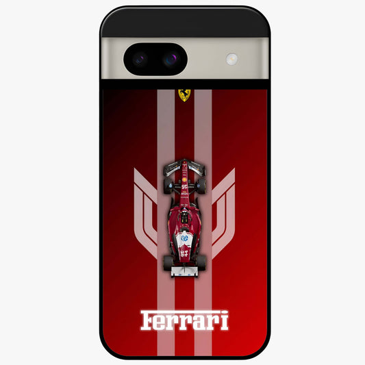 Red Ferrari F1 Vertical Glass Case showing flat back view with sleek Formula racing car artwork and glossy glass finish.