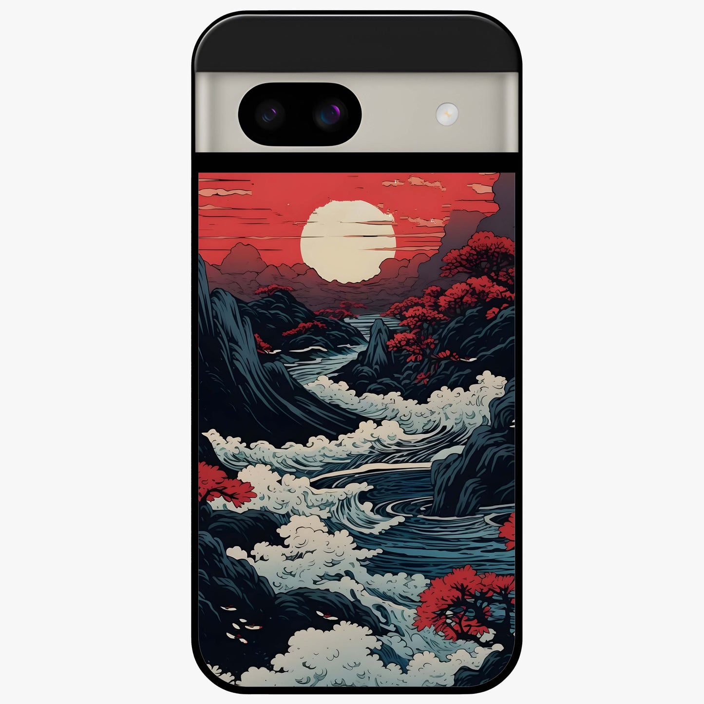 Red Sunset Scenery Glass Case showing flat back view with vibrant sunset landscape artwork and glossy glass finish.