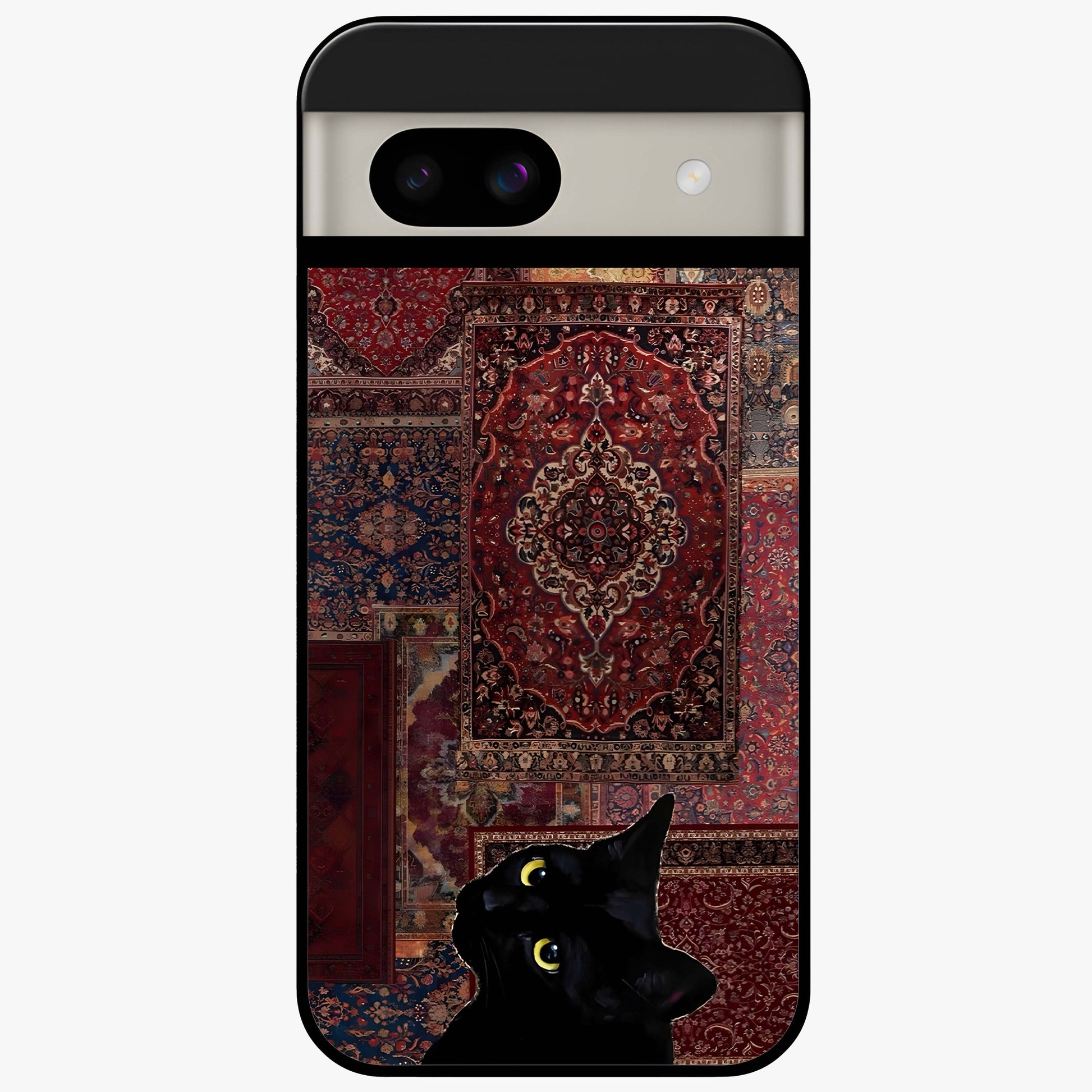 Regal Magic Cat Apple Glass Case showing flat back view with magical cat artwork holding apple and glossy glass finish.