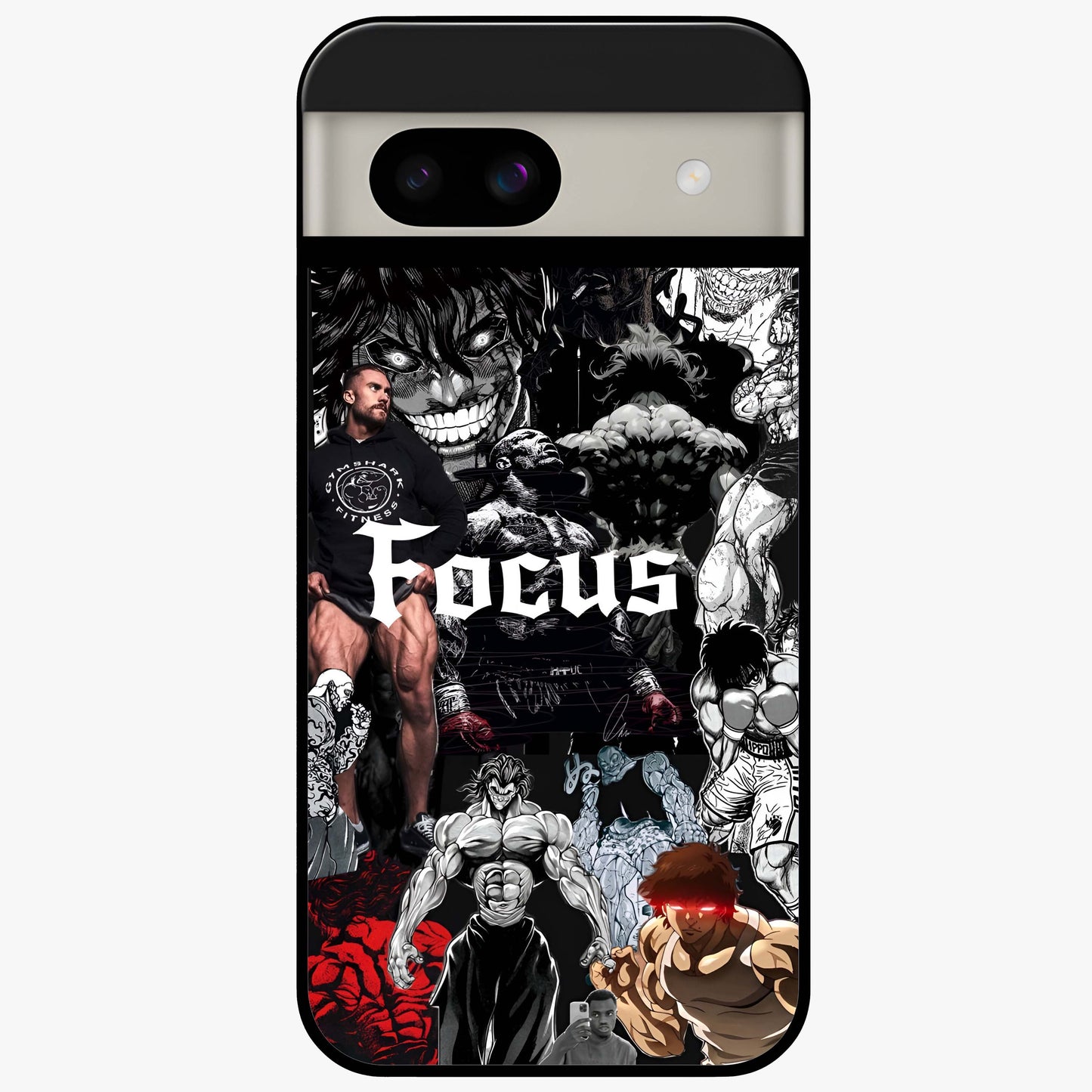 Relentless Power Focus Glass Case showing flat back view with motivational typography artwork and glossy glass finish.