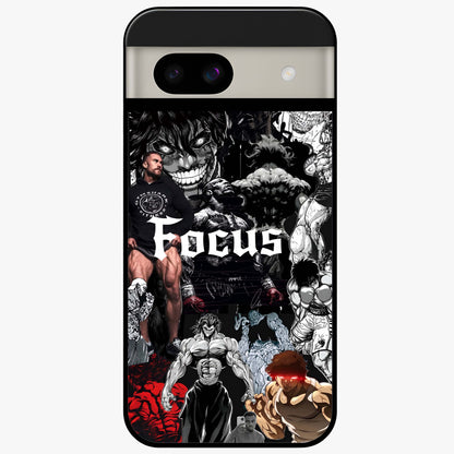 Relentless Power Focus Glass Case showing flat back view with motivational typography artwork and glossy glass finish.