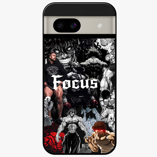 Relentless Power Focus Glass Case showing flat back view with motivational typography artwork and glossy glass finish.