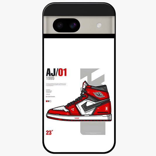Retro Sneaker Blueprint Glass Case showing flat back view with sneaker blueprint style artwork and glossy glass finish.