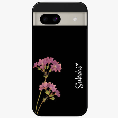 Riching Lavender Flower Custom Name Glass Case showing flat back view with lavender floral artwork and personalized name design.