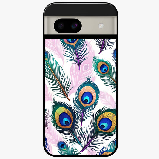 Royal Peacock Feathers Glass Case showing flat back view with colorful peacock feather artwork and glossy glass finish.