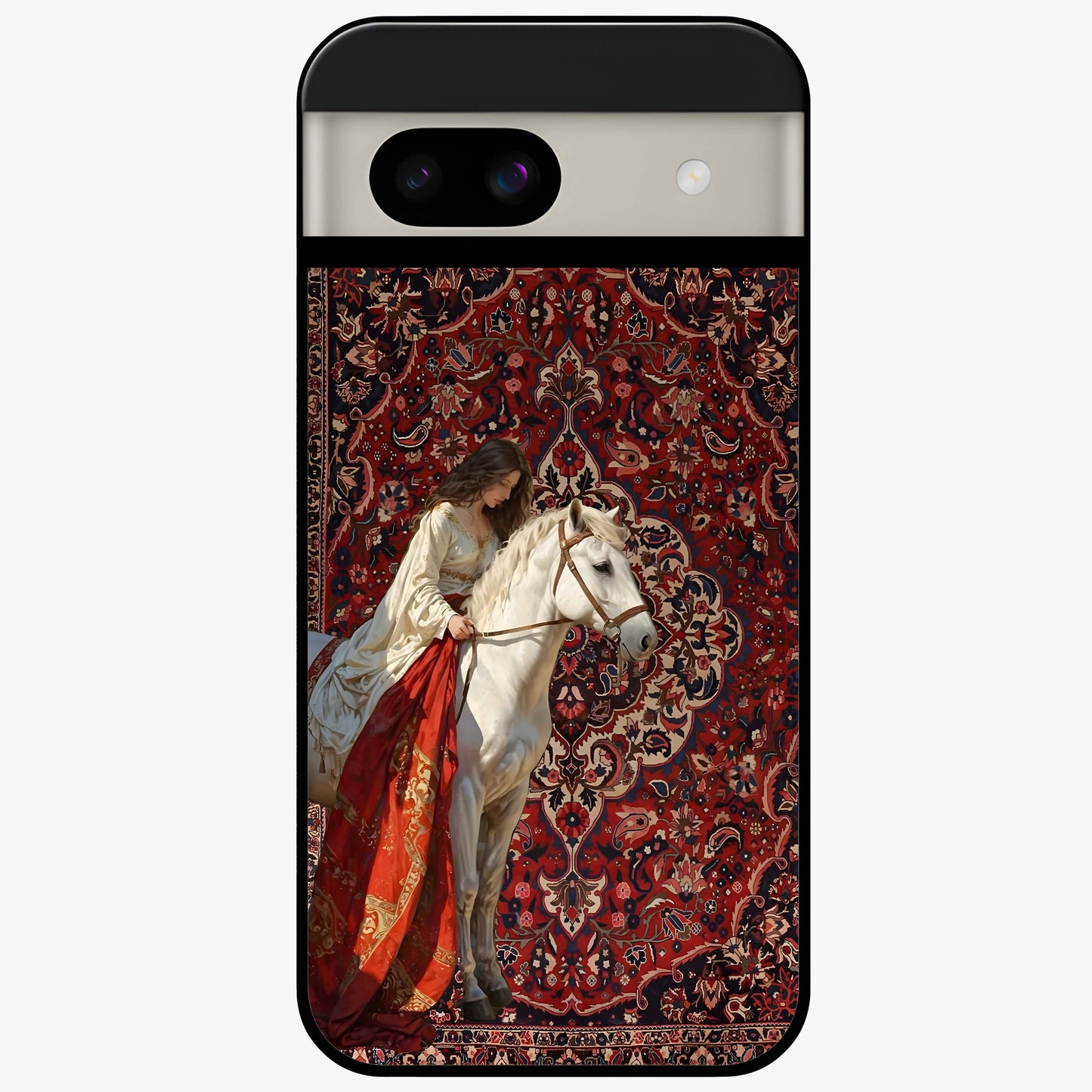 Royal Rider Tapestry Glass Case showing flat back view with majestic horse rider tapestry artwork and glossy glass finish.
