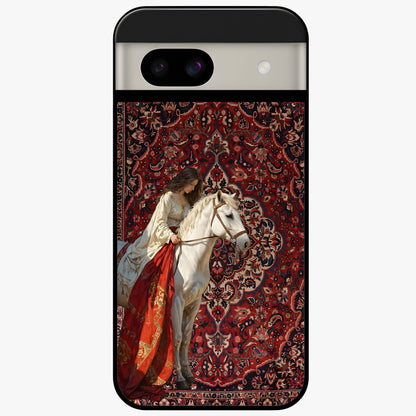 Royal Rider Tapestry Glass Case showing flat back view with majestic horse rider tapestry artwork and glossy glass finish.