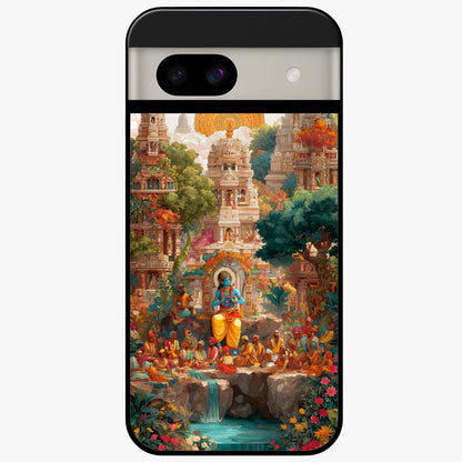 Sacred Sunlight Gods Glass Case showing flat back view with divine sunlight themed artwork and glossy glass finish.