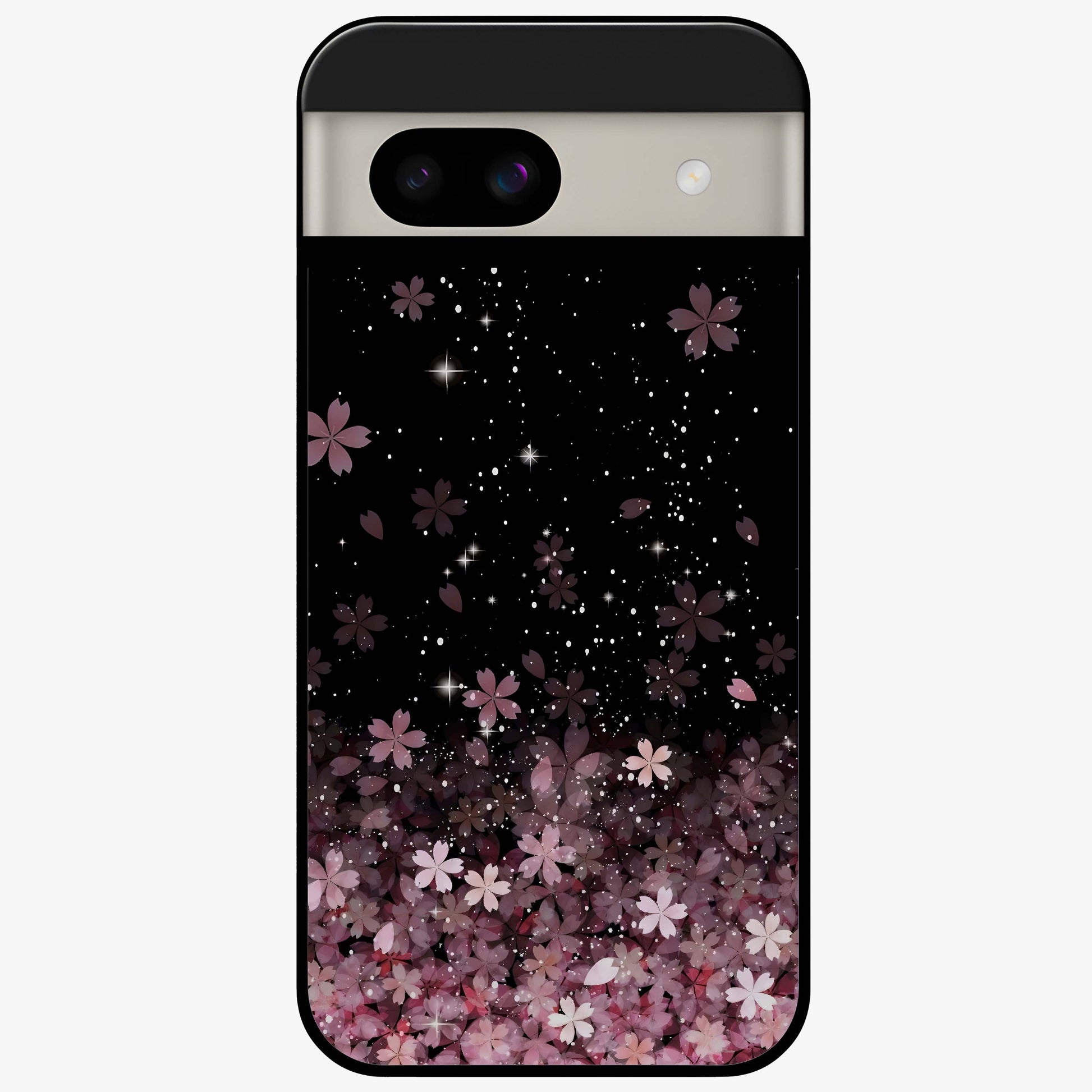 Small Starry Flowers Glass Case showing flat back view with delicate starry floral artwork and glossy glass finish.