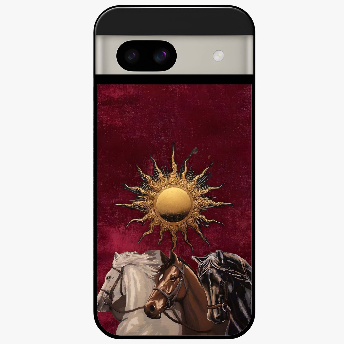 Solar Riders Glass Case showing flat back view with dynamic rider themed artwork and glossy glass finish.
