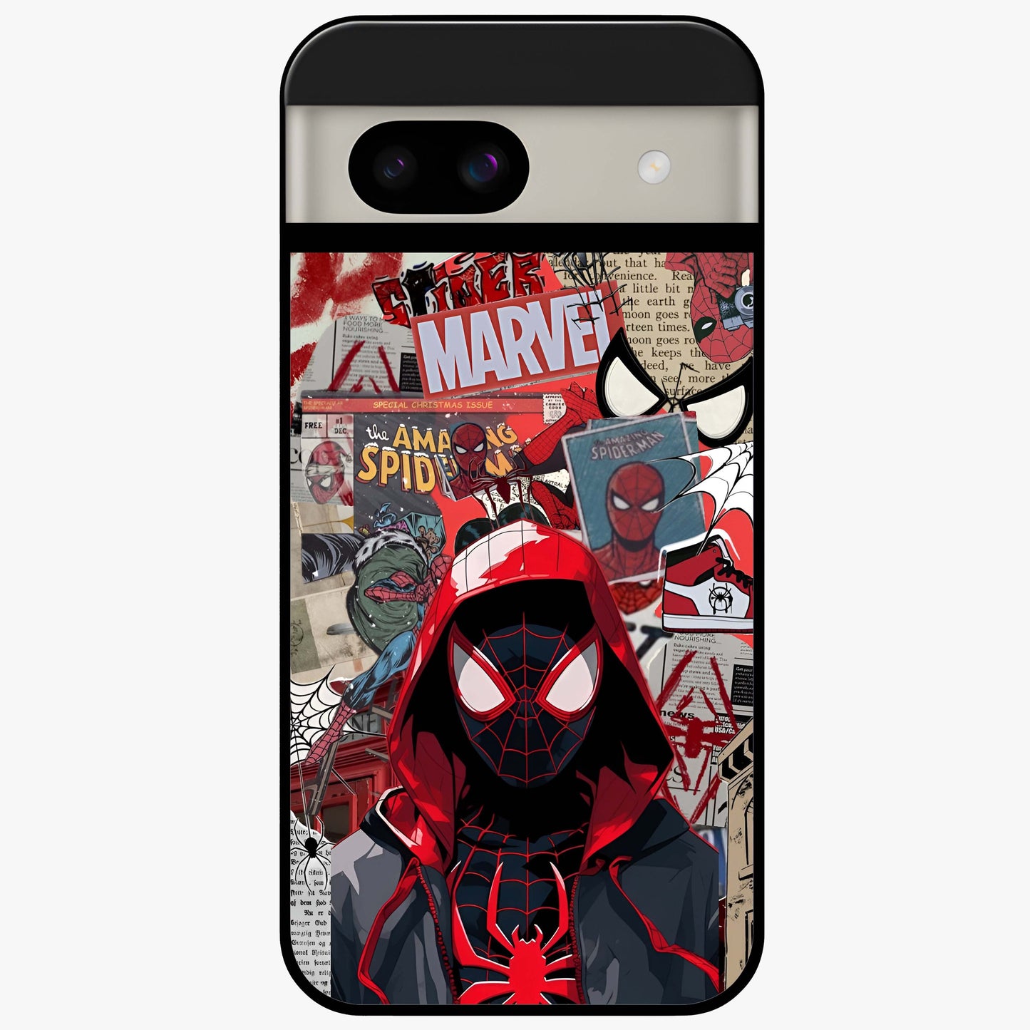 Spider Collage Street Glass Case showing flat back view with vibrant superhero collage artwork and glossy glass finish.