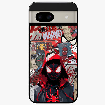 Spider Collage Street Glass Case showing flat back view with vibrant superhero collage artwork and glossy glass finish.