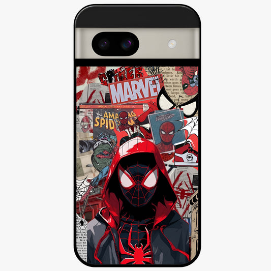 Spider Collage Street Glass Case showing flat back view with vibrant superhero collage artwork and glossy glass finish.