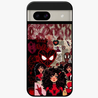 Spider Love Story Glass Case showing flat back view with romantic superhero themed artwork and glossy glass finish.