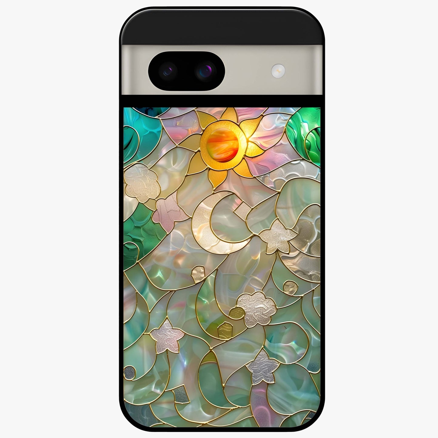 Stained Sunrise Glow Glass Case showing flat back view with glowing sunrise stained pattern artwork and glossy glass finish.
