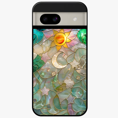 Stained Sunrise Glow Glass Case showing flat back view with glowing sunrise stained pattern artwork and glossy glass finish.