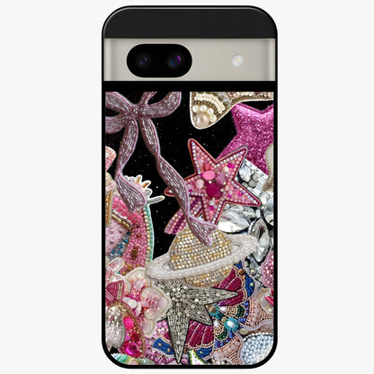 Starlit Jewel Dream Glass Case showing flat back view with sparkling jewel and star themed artwork and glossy glass finish.