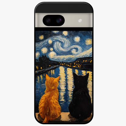 Starry River Cats Glass Case showing flat back view with cats by a starry river artwork and glossy glass finish.