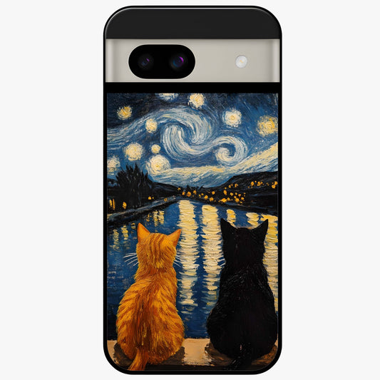 Starry River Cats Glass Case showing flat back view with cats by a starry river artwork and glossy glass finish.