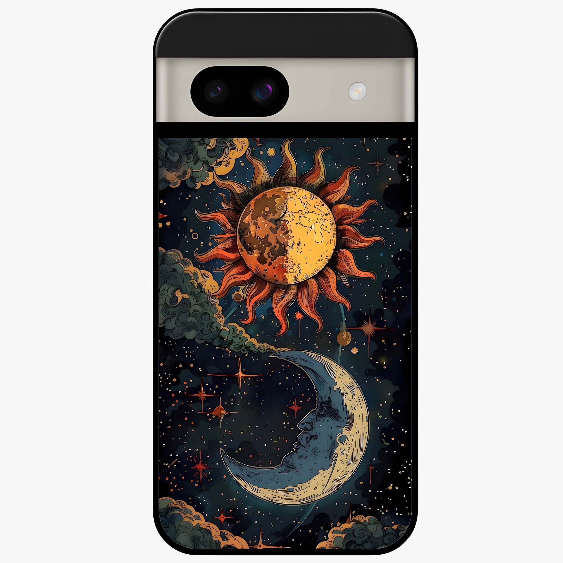 Sun And Moon Magic Design Glass Case showing flat back view with mystical sun and moon artwork and glossy glass finish.
