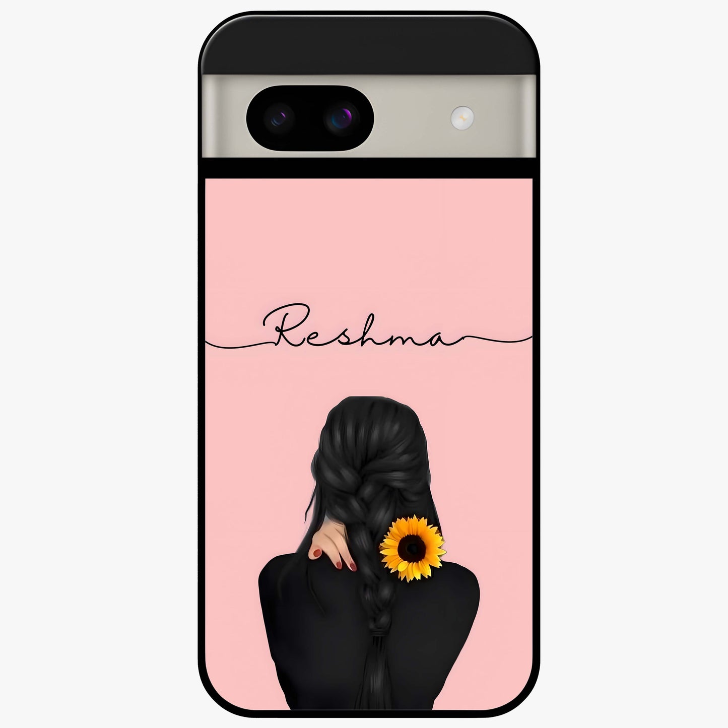 Sunflower Braid Beauty With Custom Name Glass Case showing flat back view with sunflower braid artwork and personalized name design.
