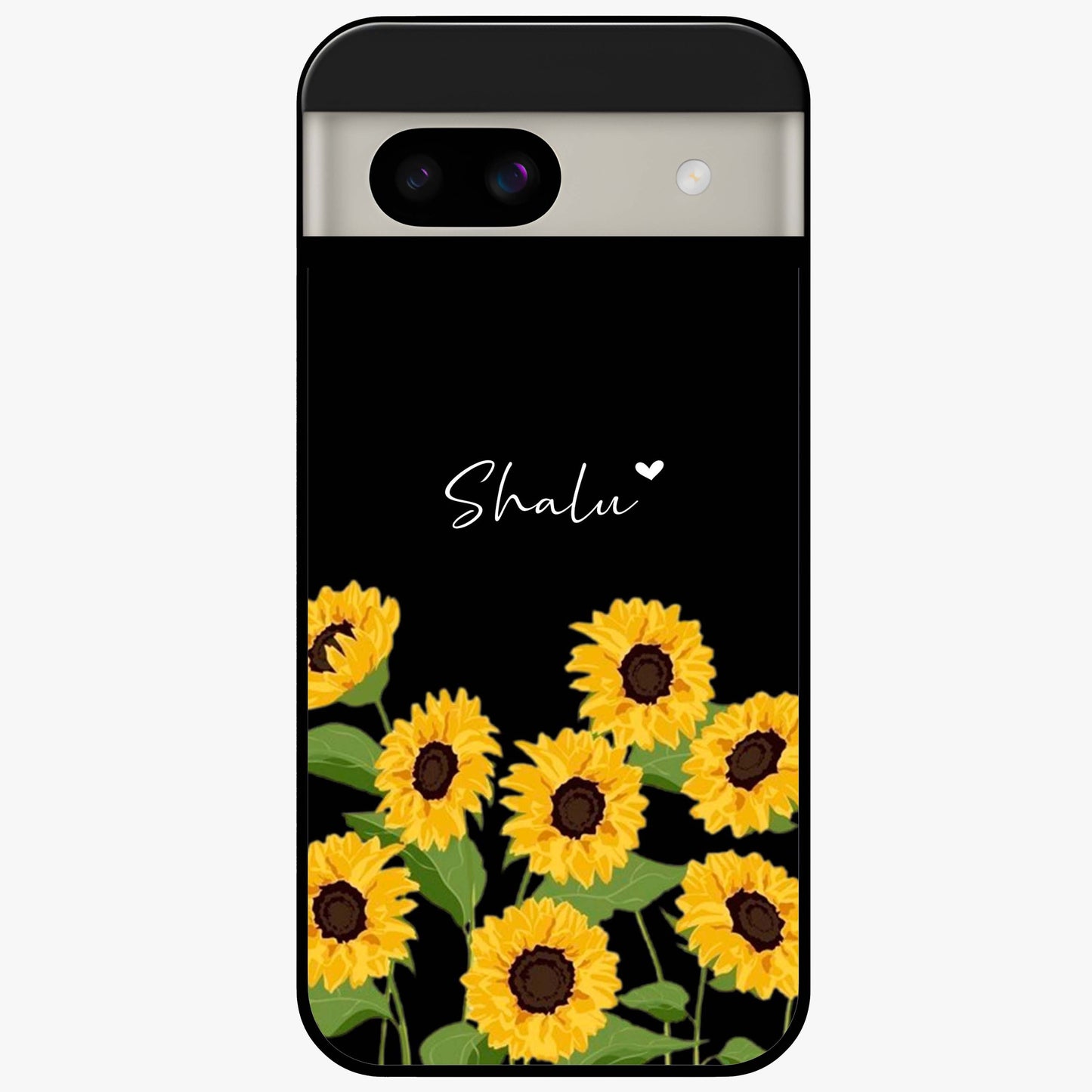 Sunflower Chic Mood Custom Name Glass Case showing flat back view with stylish sunflower artwork and personalized name design.