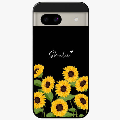 Sunflower Chic Mood Custom Name Glass Case showing flat back view with stylish sunflower artwork and personalized name design.