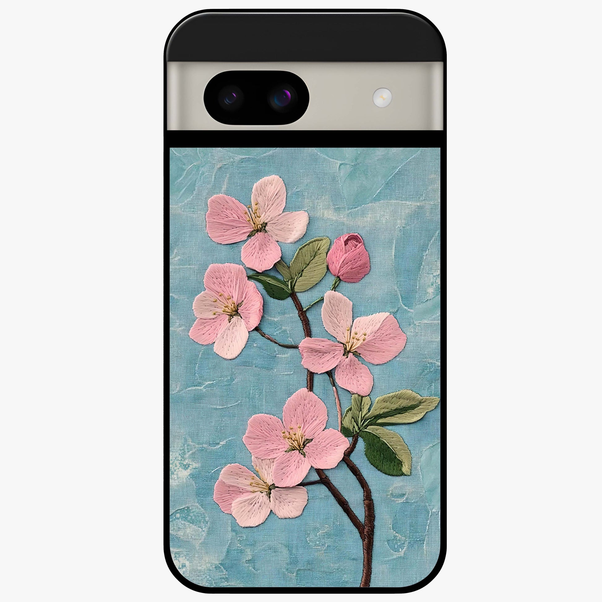 Threaded Blossom Breeze Glass Case showing flat back view with delicate blossom artwork and glossy glass finish.