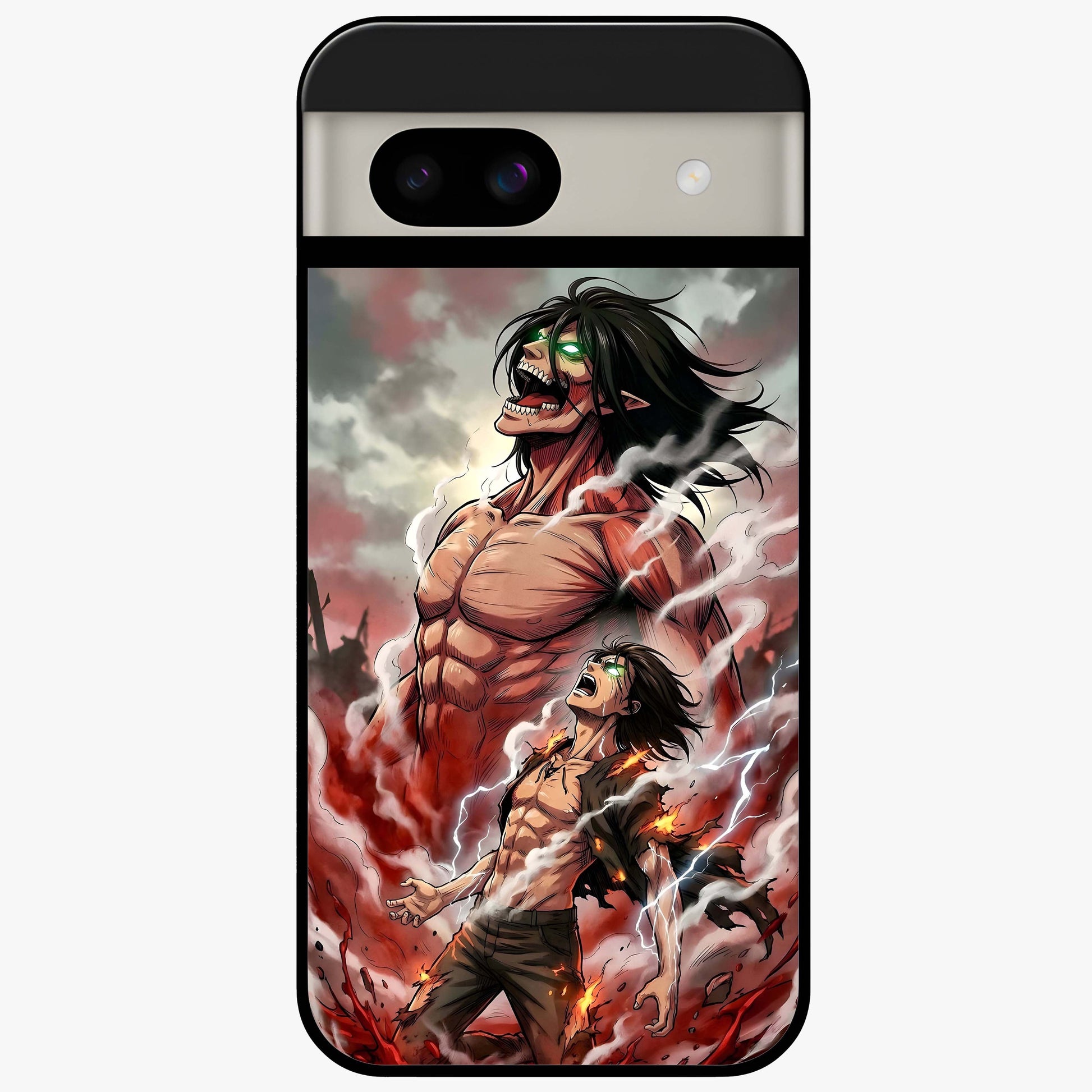 Titan Awakening Fury Glass Case showing flat back view with powerful titan inspired artwork and glossy glass finish.
