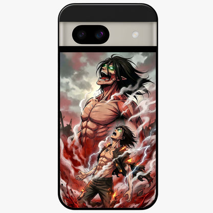 Titan Awakening Fury Glass Case showing flat back view with powerful titan inspired artwork and glossy glass finish.