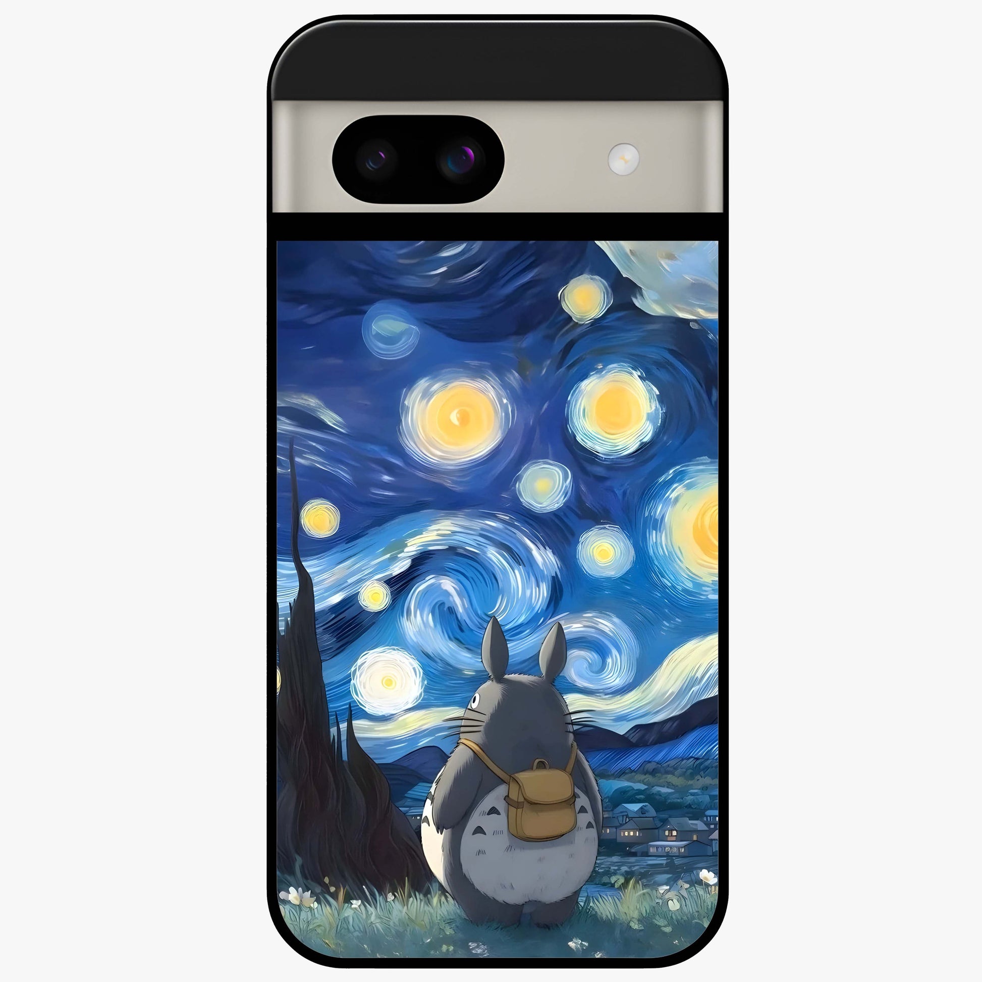 Totoro In Van Gogh Art Glass Case showing flat back view with whimsical character artwork inspired by Van Gogh style and glossy glass finish.