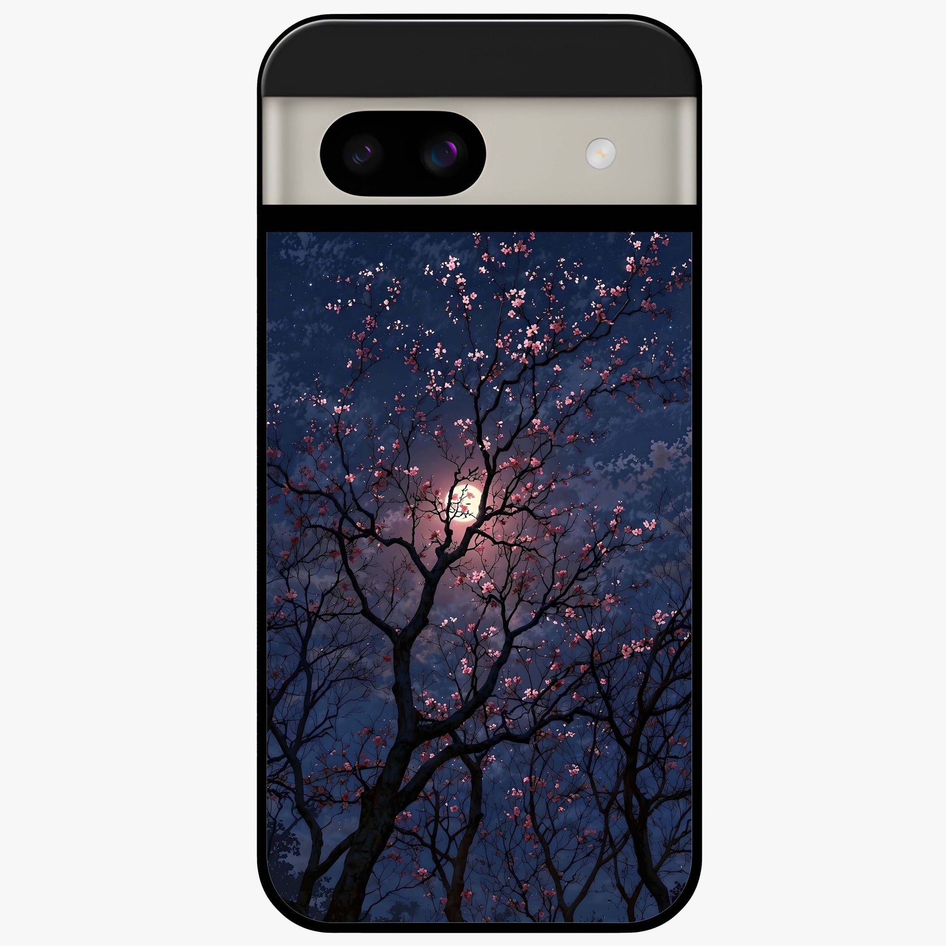 Twilight Sakura Serenade Glass Case showing flat back view with cherry blossom artwork at twilight and glossy glass finish.
