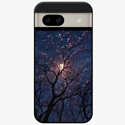 Twilight Sakura Serenade Glass Case showing flat back view with cherry blossom artwork at twilight and glossy glass finish.