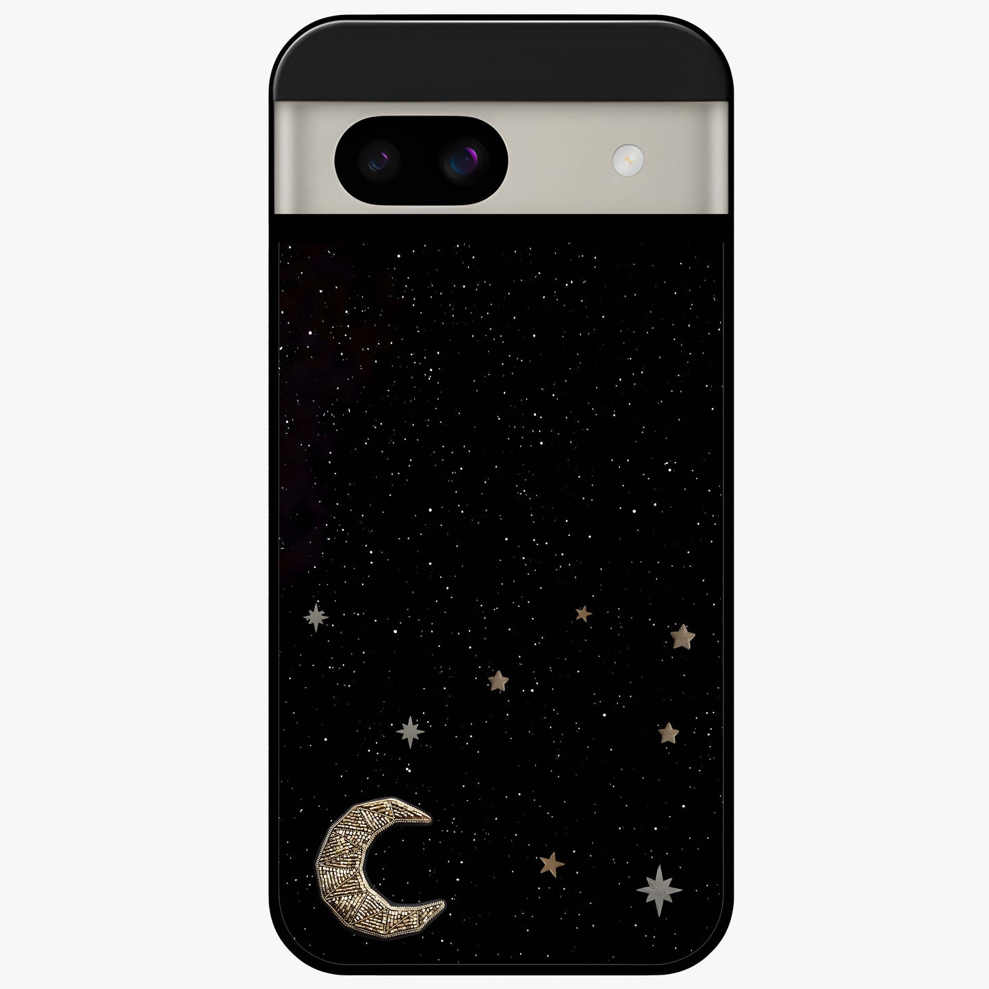 Twinkle Star With Half Moon Glass Case showing flat back view with star and half moon artwork and glossy glass finish.