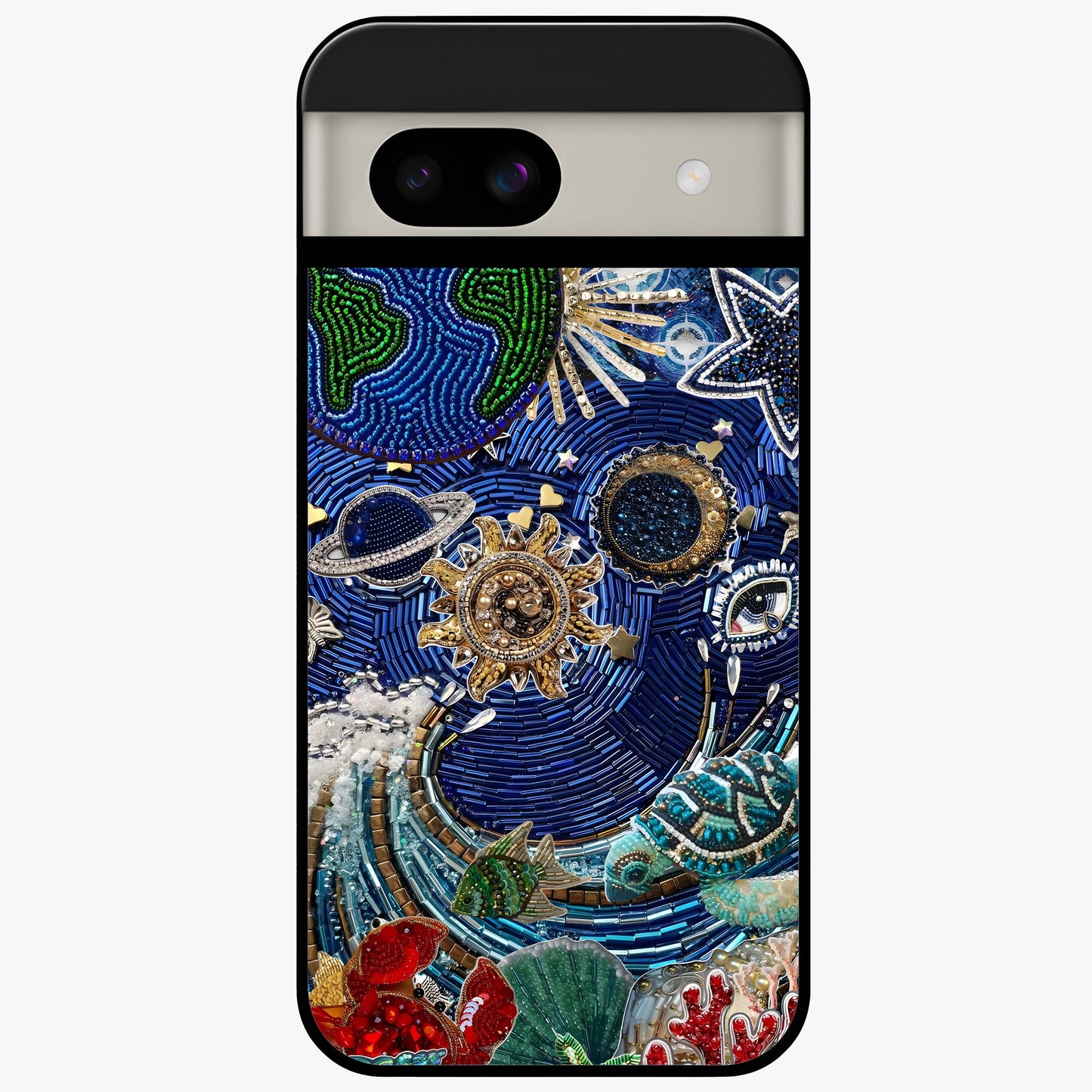 Universe Underwater Spark Glass Case showing flat back view with cosmic underwater themed artwork and glossy glass finish.