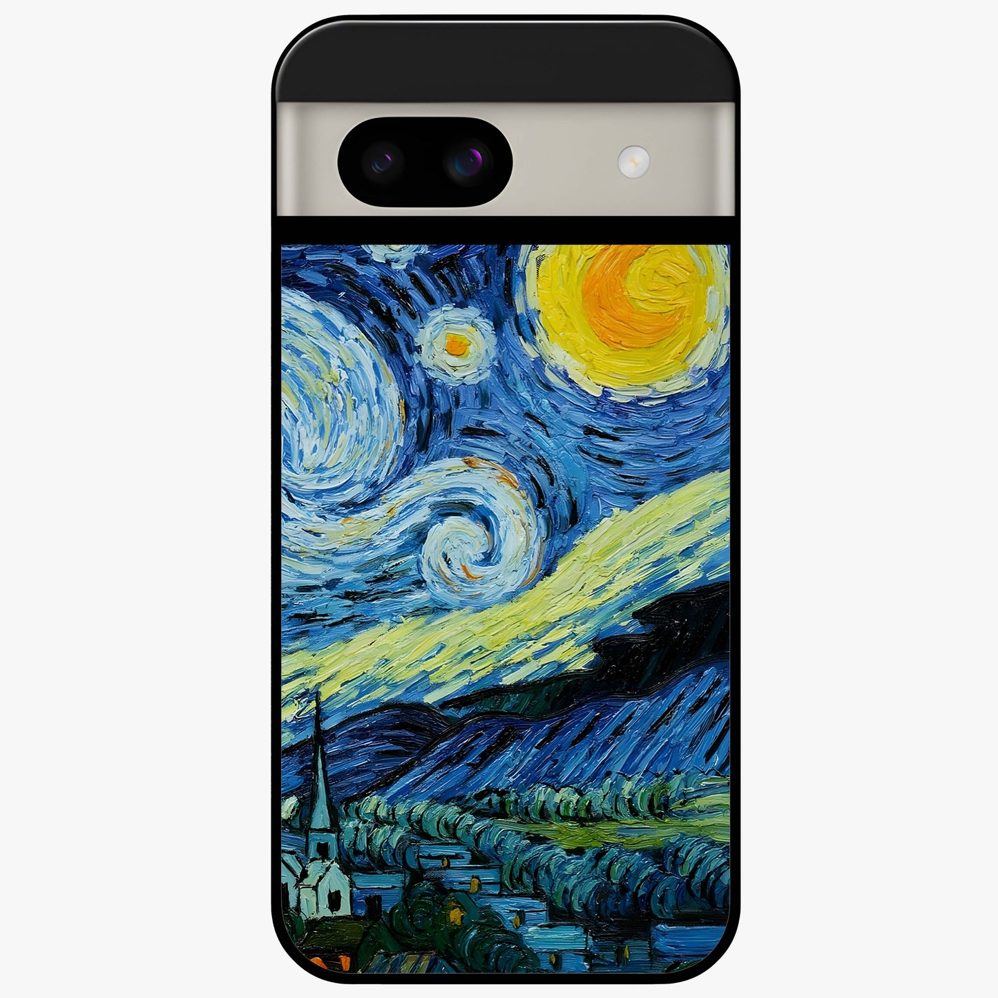 Van Gogh Art Glass Case showing flat back view with classic painterly artwork inspired by Van Gogh style and glossy glass finish.