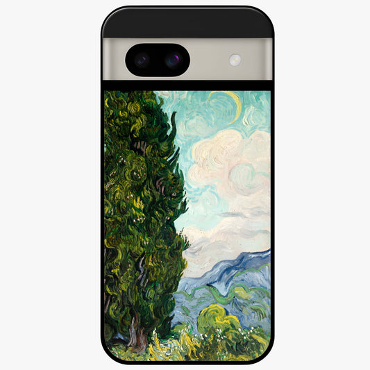 Van Gogh Vintage Art Glass Case showing flat back view with vintage painterly artwork inspired by Van Gogh style and glossy glass finish.