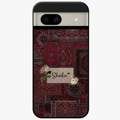 Velvet Wine Pattern Custom Name Glass Case showing flat back view with elegant wine colored pattern artwork and personalized name design.