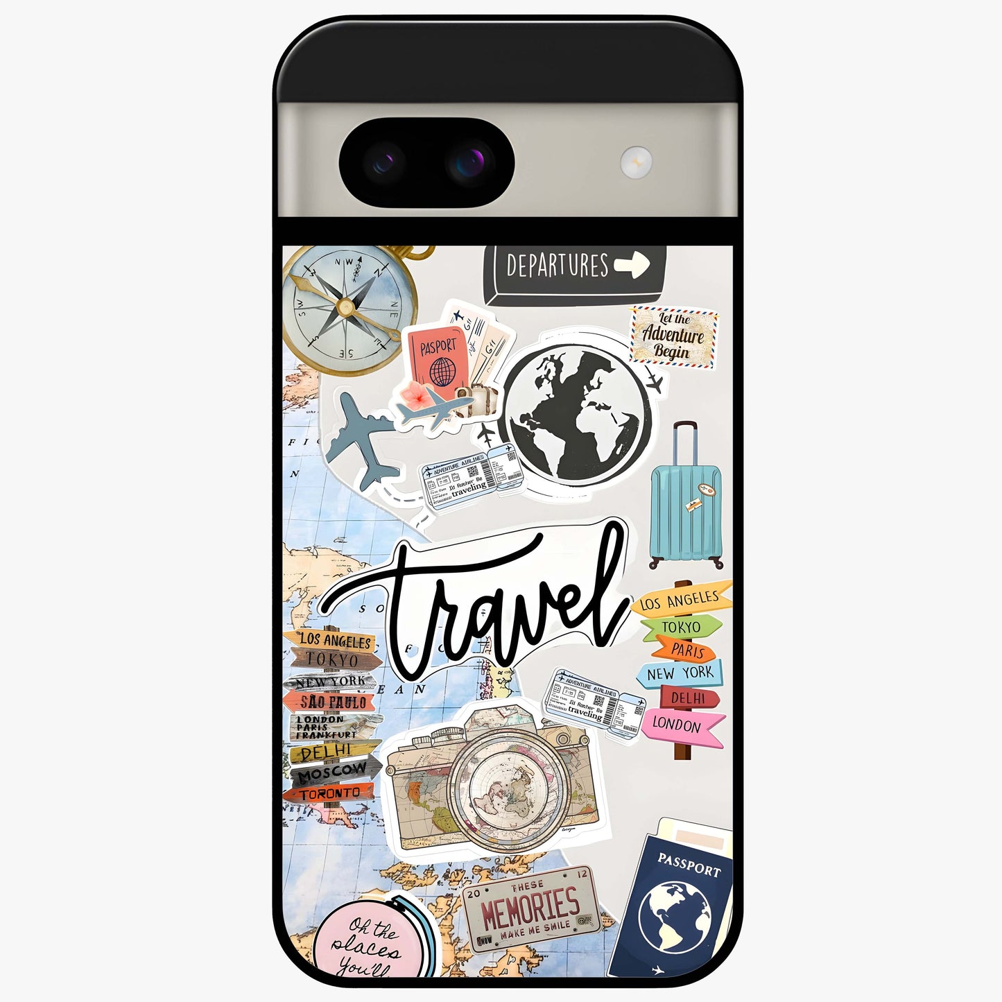 Wanderlust Journal Glass Case showing flat back view with travel inspired artwork and glossy glass finish.