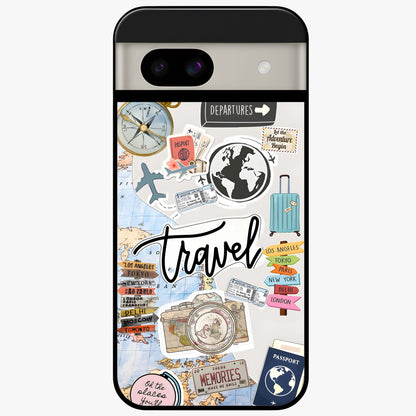 Wanderlust Journal Glass Case showing flat back view with travel inspired artwork and glossy glass finish.