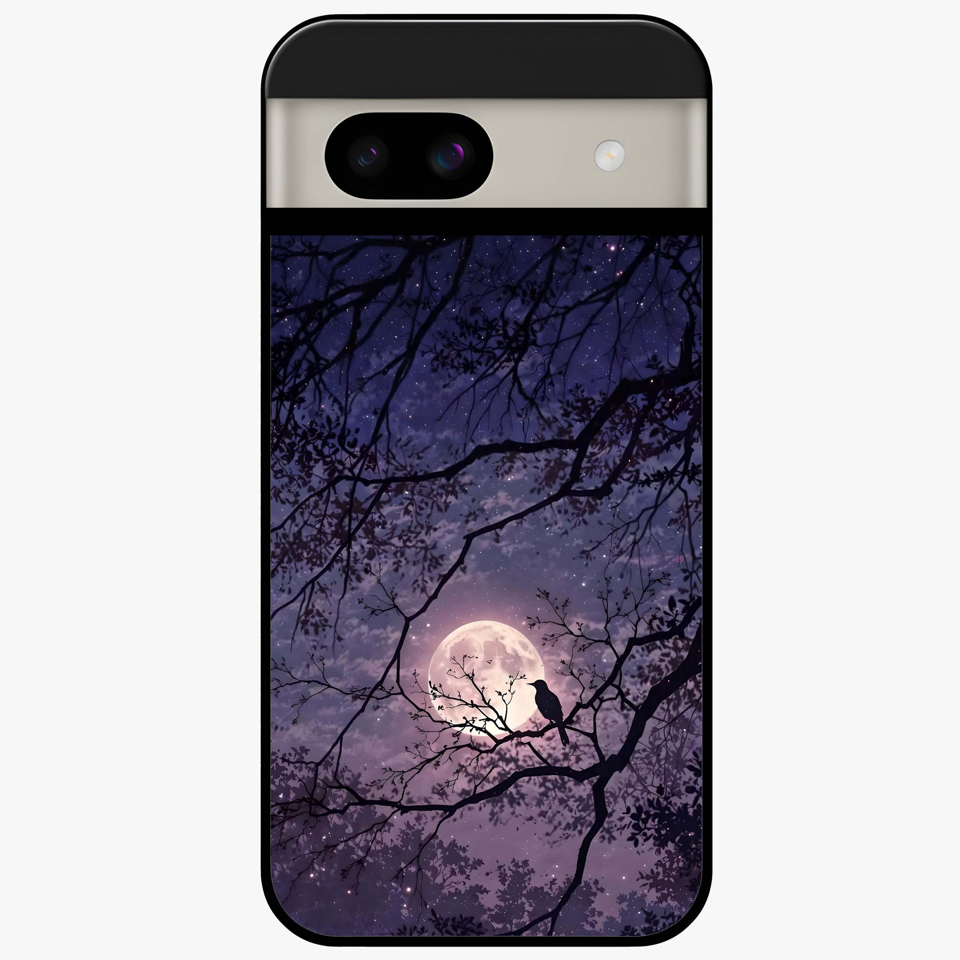 Whispering Moon Silence Glass Case showing flat back view with serene moon themed artwork and glossy glass finish.